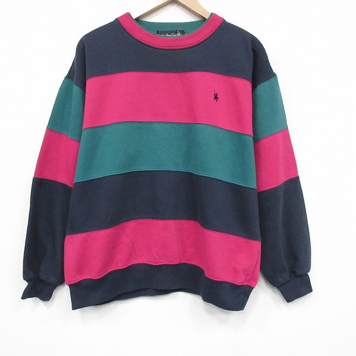 90s 長袖スウェット ワンポイントロゴ グリーンボーダー L | 古着