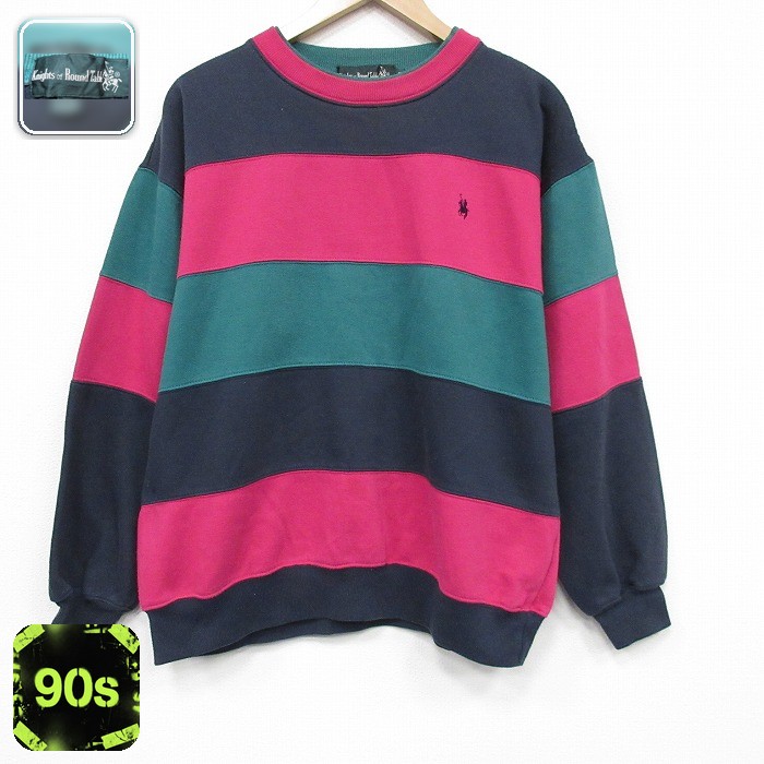 90s 長袖スウェット ワンポイントロゴ グリーンボーダー L | 古着