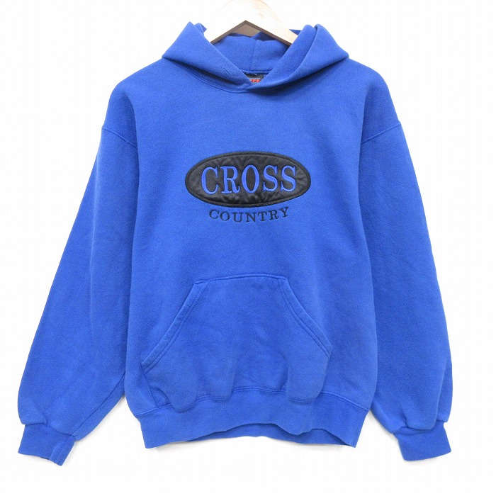 M★古着 長袖 スウェット パーカー メンズ 00年代 00s CROSS 刺繍 青 26mar03