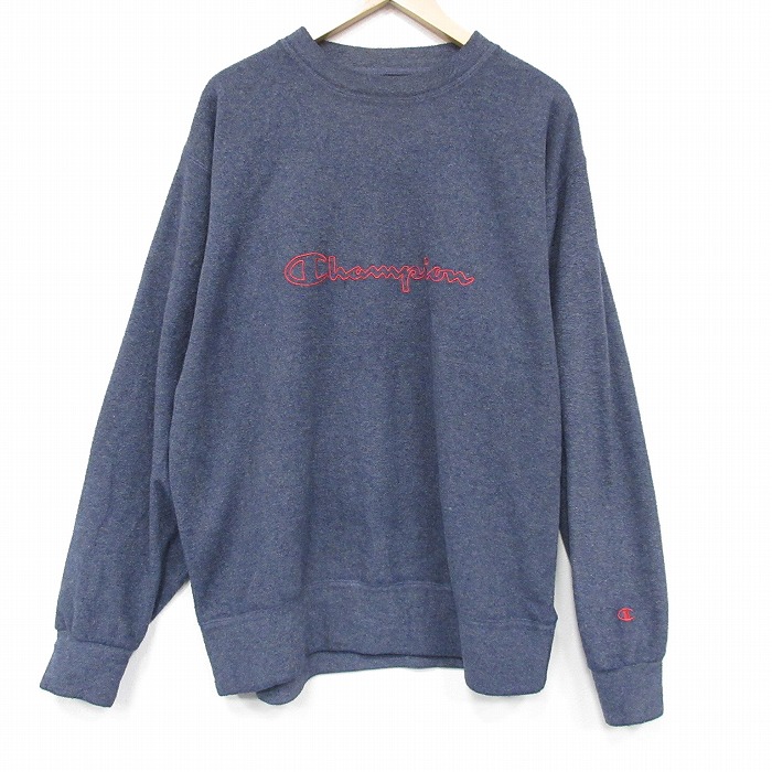 XL★古着 長袖 スウェット メンズ 00年代 00s ビッグロゴ 刺繍 大きいサイズ クルーネック 薄紺 26mar03