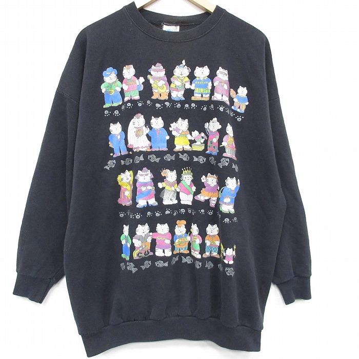 XL★古着 長袖 スウェット メンズ 90年代 90s ネコ 大きいサイズ クルーネック USA製 黒 26mar03