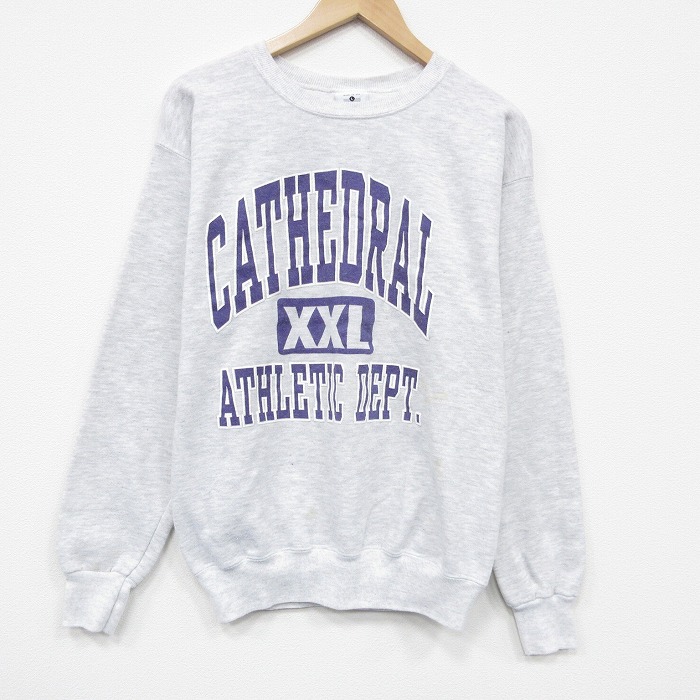 M★古着 リー Lee 長袖 スウェット メンズ 90年代 90s CATHEDRAL 3段プリント クルーネック USA製 薄グレー 霜降り 26mar10