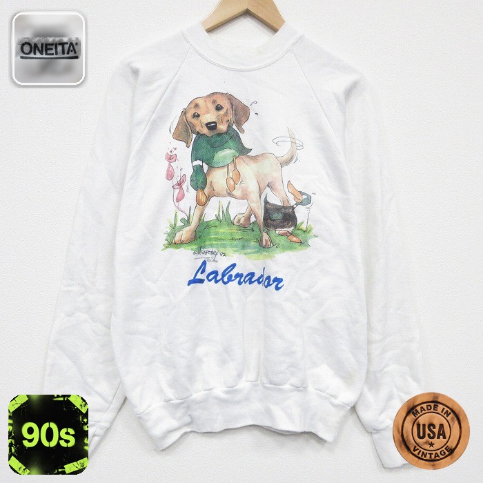 オニータ 90s ラグラン長袖スウェット 犬 ホワイト L | 古着