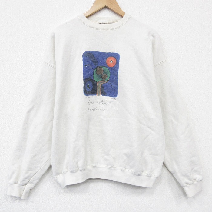 XL★古着 長袖 スウェット メンズ 90年代 90s 地球 大きいサイズ ロング丈 クルーネック USA製 白 26mar10