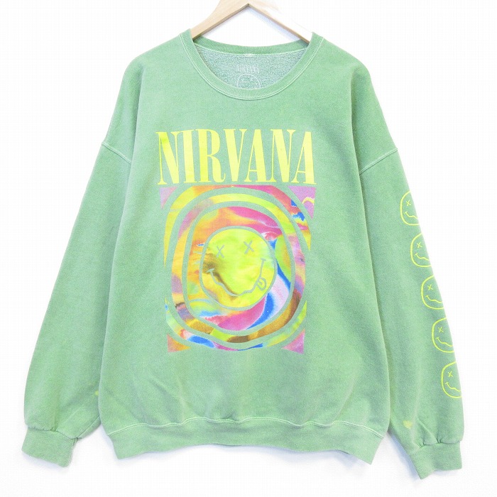 XL★古着 長袖 ロック バンド スウェット メンズ ニルバーナ ニルヴァーナ 大きいサイズ クルーネック 薄緑 26mar07