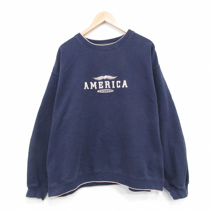 XL★古着 長袖 スウェット メンズ 00年代 00s アメリカ 刺繍 大きいサイズ クルーネック 紺 26mar13