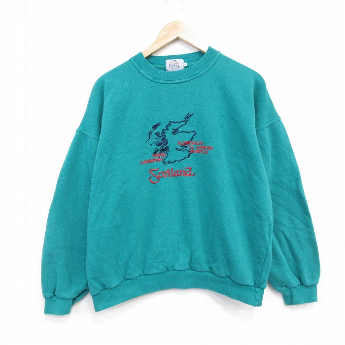 XL★古着 長袖 スウェット メンズ 90年代 90s スコットランド 刺繍 コットン クルーネック イギリス製 緑【spe】 26mar13