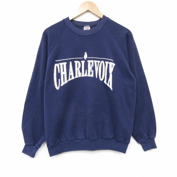 M★古着 ジャージーズ 長袖 スウェット メンズ 80年代 80s CHARLEVOIX ラグラン クルーネック USA製 紺 26apr01