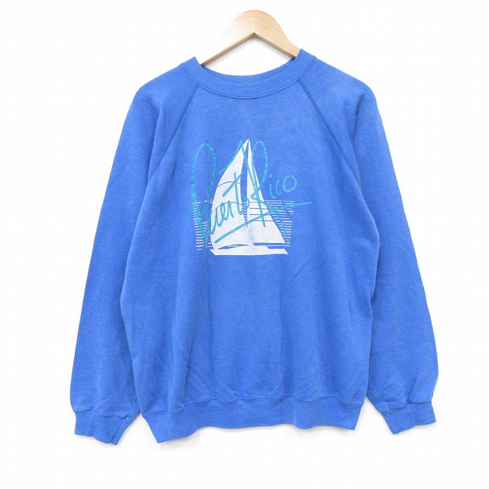 L★古着 ヘインズ 長袖 スウェット メンズ 80年代 80s ヨット ラグラン クルーネック USA製 青 26apr01