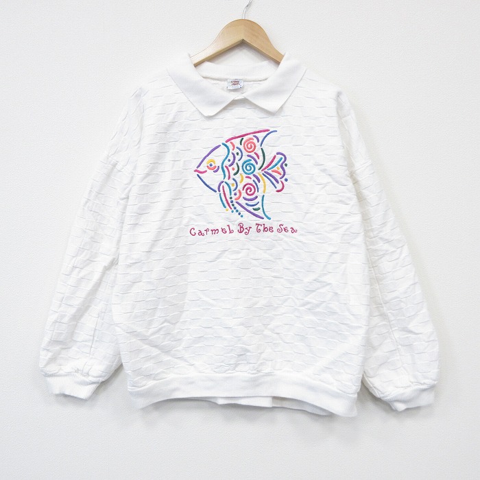 90s 長袖スウェット 魚刺繍 ホワイト XL | 古着