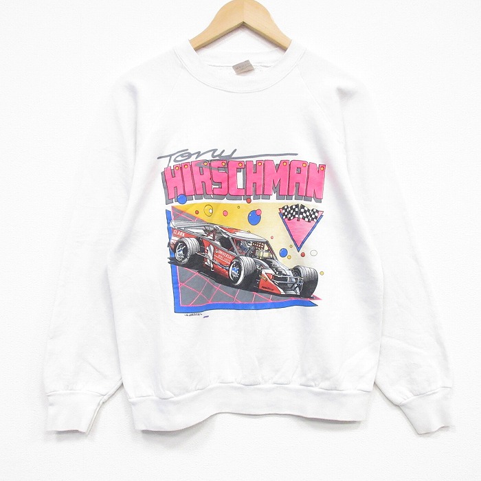 M★古着 フルーツオブザルーム 長袖 スウェット メンズ 80年代 80s レーシングカー ラグラン クルーネック USA製 白 26mar21
