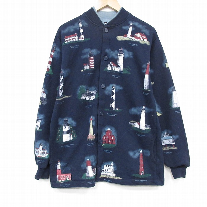 ART UNLIMITED 90s 長袖スウェットカーディガン 灯台 ネイビー L | 古着