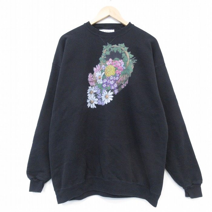 90s 長袖スウェット 花 ブラック メンズXL相当 | 古着