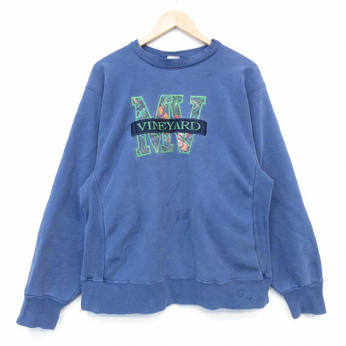 XL★古着 長袖 スウェット メンズ 00年代 00s MV 刺繍 クルーネック 薄紺 26apr04
