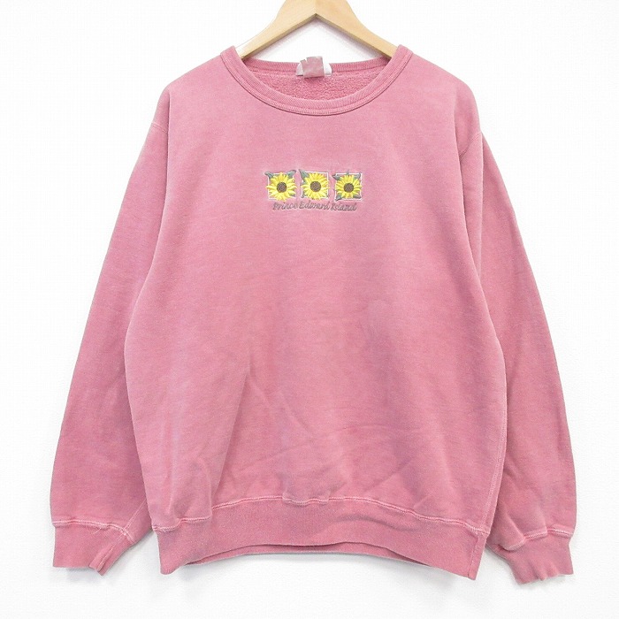 90s 長袖スウェット ヒマワリ刺繍 ピンク メンズXL相当 | 古着