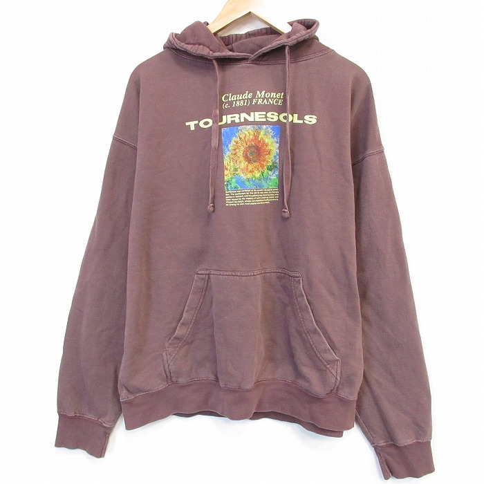 XL★古着 長袖 スウェット パーカー メンズ 画家 クロードモネ アート 大きいサイズ 茶【spe】 26apr08