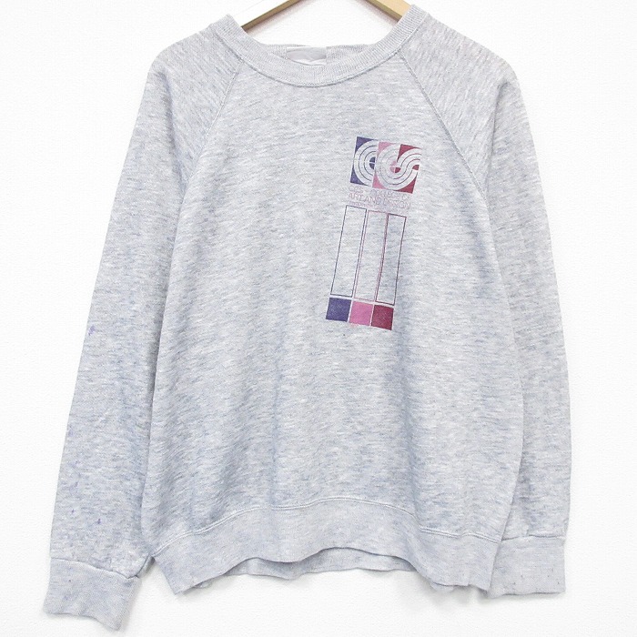 XL★古着 長袖 スウェット メンズ 80年代 80s アートデザイン ラグラン クルーネック 薄グレー 霜降り 26apr09