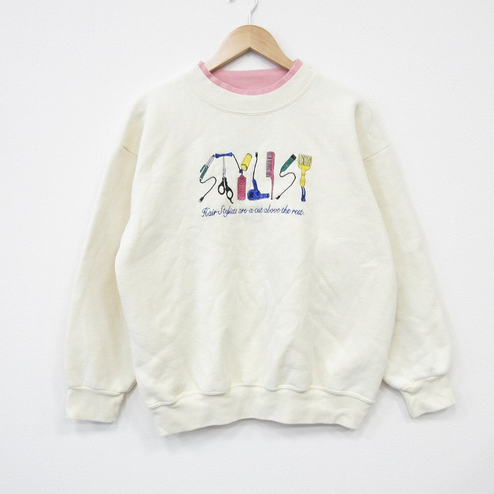 90s 長袖スウェット ハサミ刺繍 ホワイト メンズL相当 | 古着