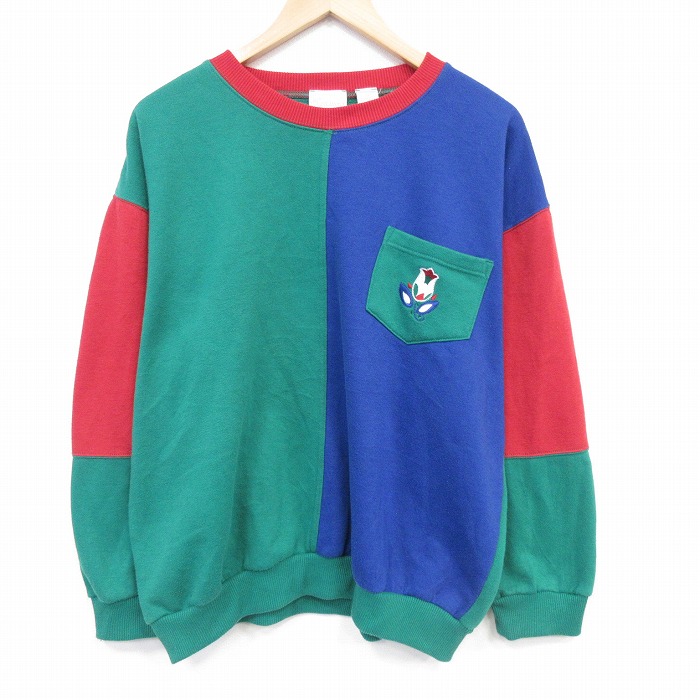 XL★古着 長袖 スウェット メンズ 90年代 90s マルチカラー クルーネック 緑他 26apr11
