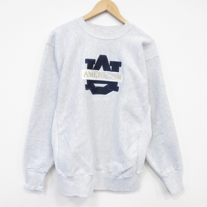 XL★古着 長袖 スウェット メンズ 90年代 90s AU 刺繍 リバースタイプ クルーネック 薄グレー 霜降り 26apr11