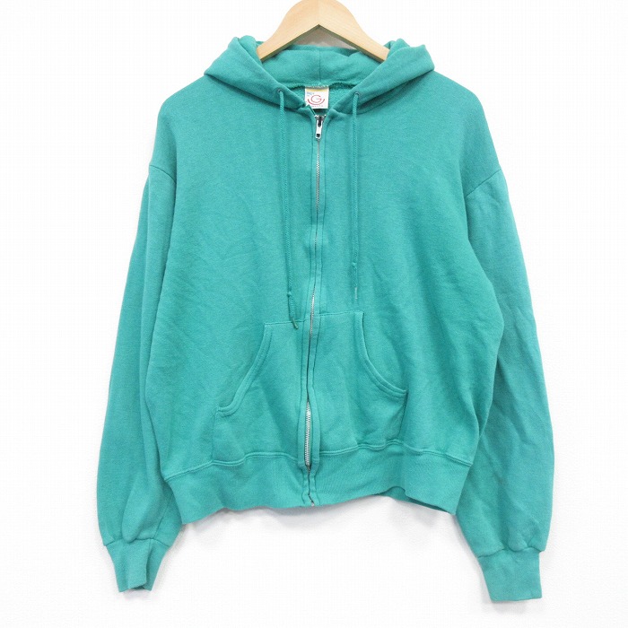 XL★古着 長袖 フルジップ スウェット パーカー メンズ 90年代 90s 無地  USA製 緑 26apr13