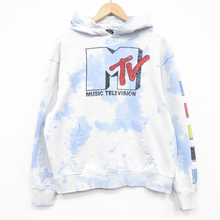XL★古着 長袖 スウェット パーカー メンズ MTV 白他 タイダイ 26apr13