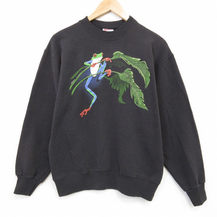 M★古着 ヘインズ 長袖 スウェット メンズ 90年代 90s カエル クルーネック 黒 26apr16