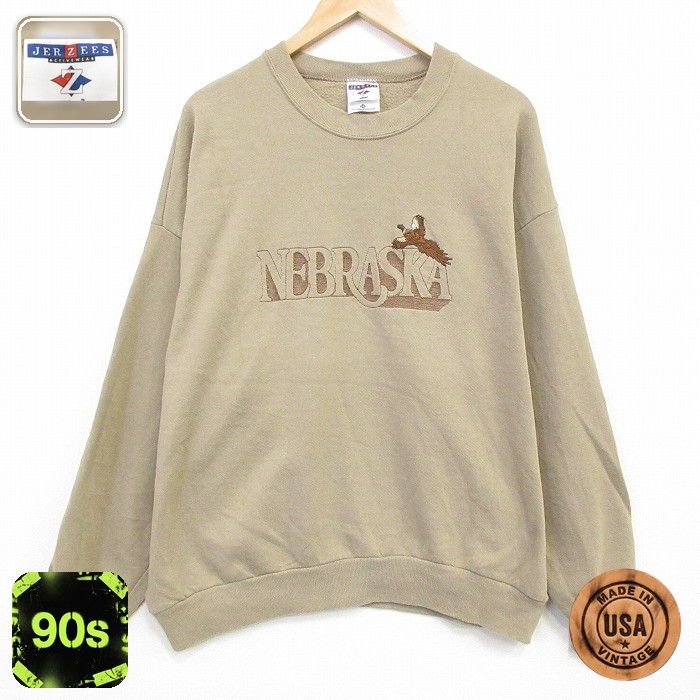 【20%OFF】ジャージーズ 90s 長袖スウェット ネブラスカ刺繍 ベージュ メンズXL相当 | 古着