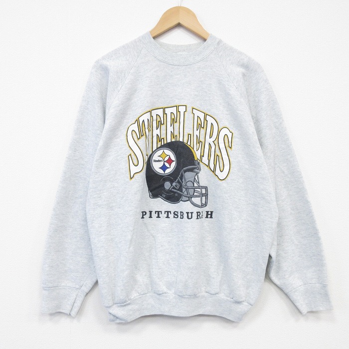 XL★古着 フルーツオブザルーム 長袖 スウェット メンズ 90年代 90s NFL ピッツバーグスティーラーズ ラグラン クルーネック USA製 薄グレー 霜降り アメフト スーパーボウル 26apr17