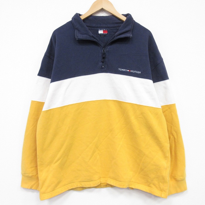 トミーヒルフィガー 90s ハーフジップスウェット ワンポイントロゴ ネイビー メンズXL相当 | 古着
