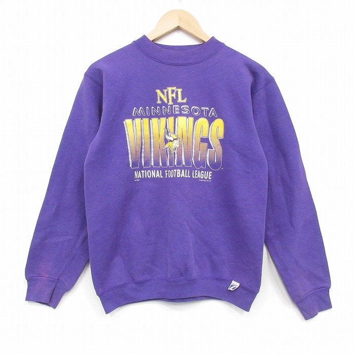 S★古着 長袖 スウェット メンズ 90年代 90s NFL ミネソタバイキングス クルーネック 紫 アメフト スーパーボウル 26apr22