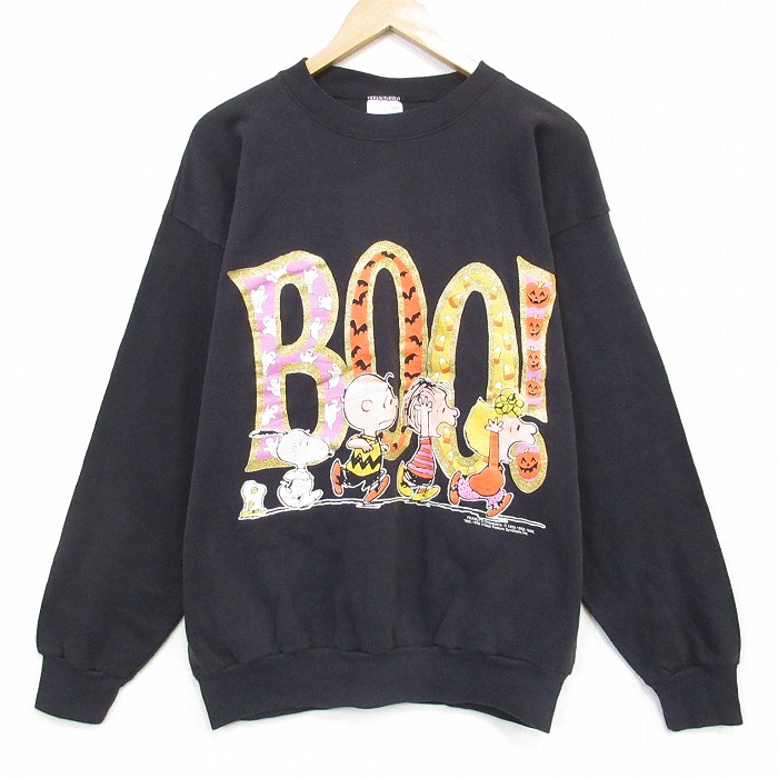 L★古着 TULTEX 長袖 スウェット メンズ 90年代 90s スヌーピー チャーリーブラウン クルーネック 黒【spe】 26apr23