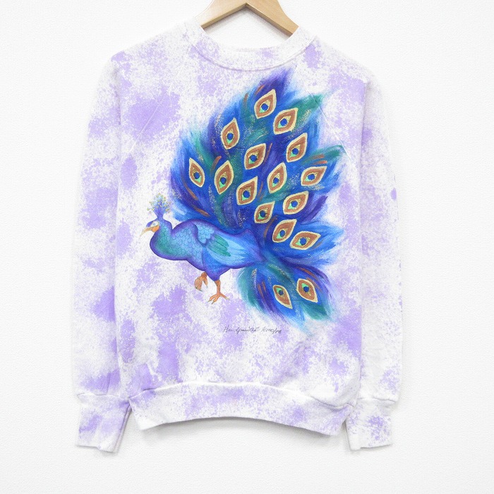 M★古着 フルーツオブザルーム 長袖 スウェット メンズ 90年代 90s クジャク ハンドペイント ラグラン クルーネック USA製 白他【spe】 26apr24