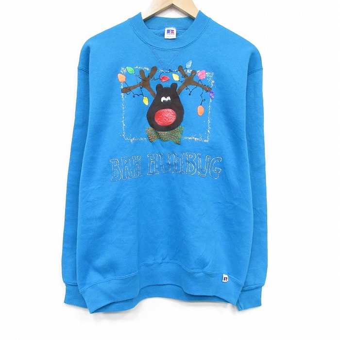 ラッセル 80s 長袖スウェット トナカイ ブルー メンズM相当 | 古着