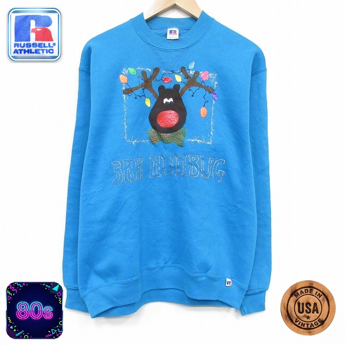 ラッセル 80s 長袖スウェット トナカイ ブルー メンズM相当 | 古着