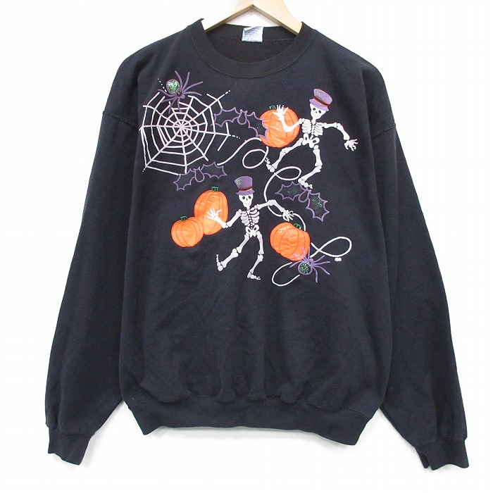 XL★古着 長袖 スウェット メンズ 90年代 90s スケルトン スパイダー クルーネック USA製 黒 26apr20