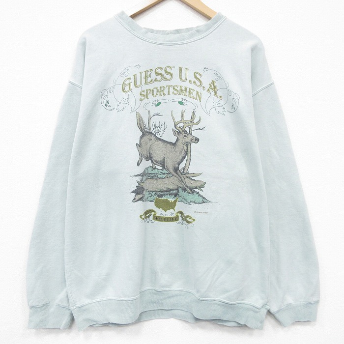 XL★古着 ゲス GUESS 長袖 ブランド スウェット メンズ 90年代 90s シカ クルーネック USA製 薄緑 26apr20
