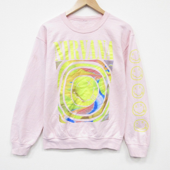 M★古着 長袖 ロック バンド スウェット メンズ ニルバーナ ニルヴァーナ クルーネック 薄ピンク 26apr20