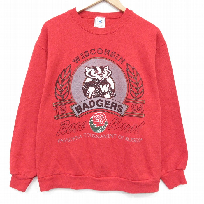L★古着 長袖 スウェット メンズ 90年代 90s ウィスコンシンバジャーズ クルーネック USA製 赤 26apr20