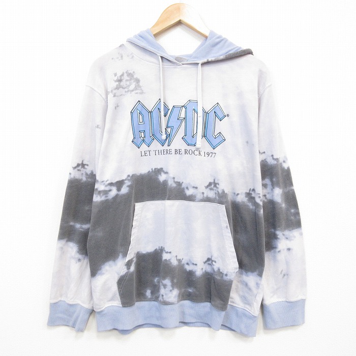 XL★古着 長袖 ロック バンド トップス パーカー メンズ AC/DC 薄紺 タイダイ【spe】 26apr27