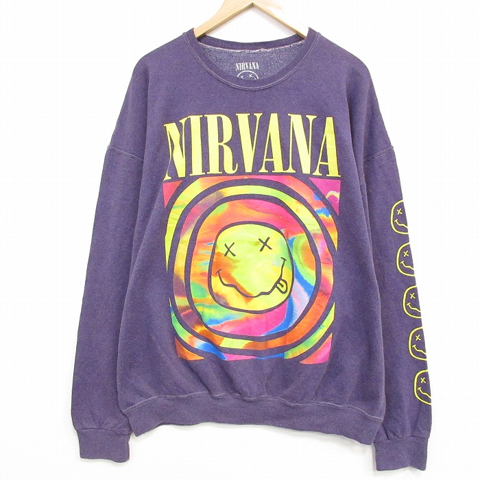 XL★古着 長袖 ロック バンド スウェット メンズ ニルバーナ ニルヴァーナ  大きいサイズ クルーネック 紫 霜降り【spe】 26apr27