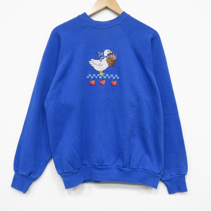 90s ラグラン長袖スウェット 鳥刺繍 ブルー メンズL相当 | 古着