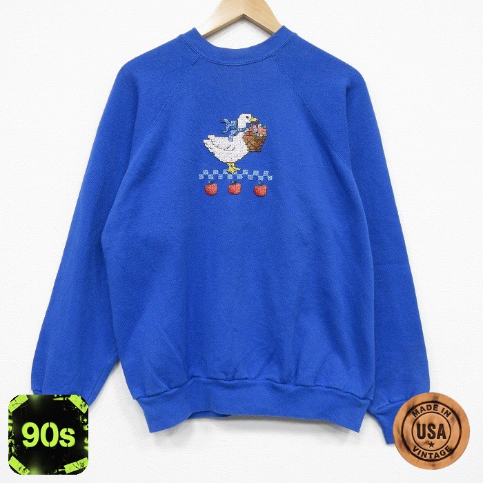 90s ラグラン長袖スウェット 鳥刺繍 ブルー メンズL相当 | 古着