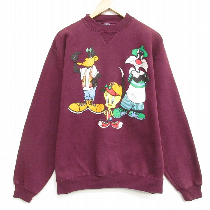 L★古着 長袖 スウェット メンズ 90年代 90s ルーニーテューンズ トゥイーティー シルベスター クルーネック エンジ【spe】 26apr28