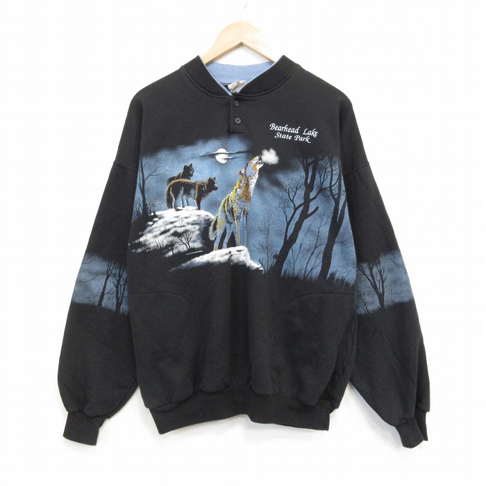 ART UNLIMITED 90s 長袖スウェット オオカミ ブラック メンズXL相当 | 古着