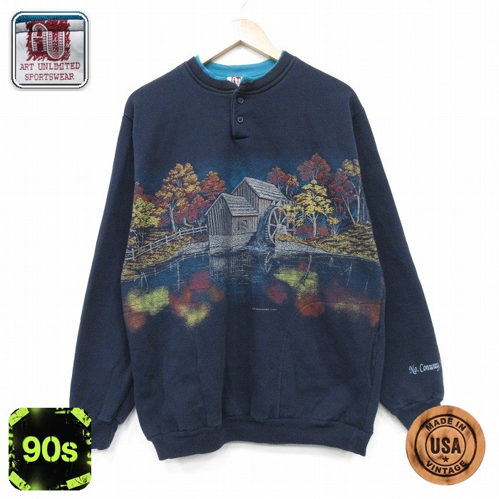 ART UNLIMITED 90s 長袖スウェット 水車小屋 ネイビー メンズL相当 | 古着