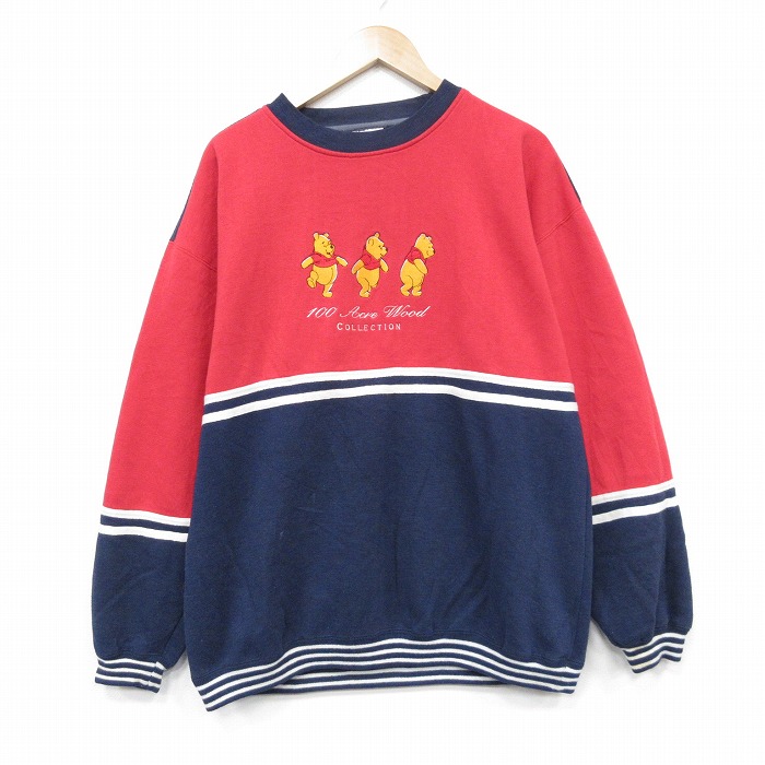XL★古着 長袖 スウェット メンズ 00年代 00s ディズニー くまのプーさん 刺繍 クルーネック レッド【spe】 26may14