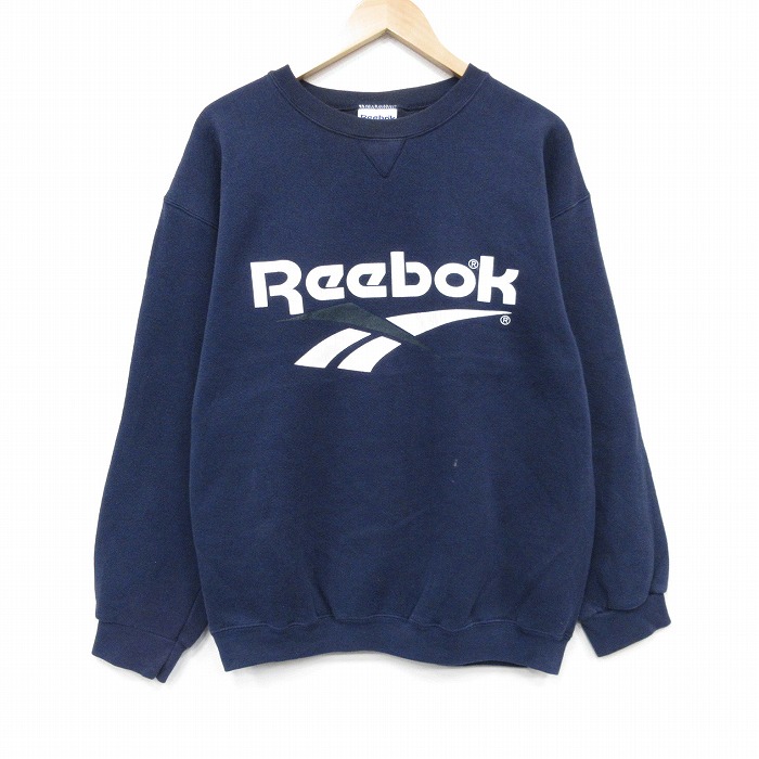 L★古着 リーボック長袖 スウェット メンズ 90年代 90s ビッグロゴ クルーネック USA製 ネイビー【spe】 26may14
