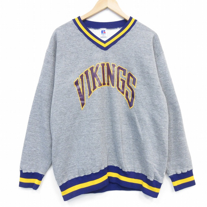 XL★古着 ラッセル 長袖 スウェット メンズ 80年代 80s VIKINGS Vネック USA製 グレー 霜降り【spe】 26may22