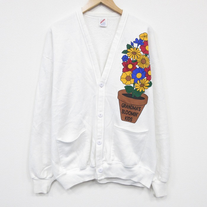 90s 長袖スウェットカーディガン 花 ホワイト L | 古着